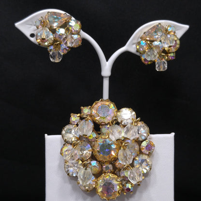 Kramer AB Rhinestone Brooch & Earrings, Dangling Crystal Beads, Gold Plated, 1960s Vintage Jewelry