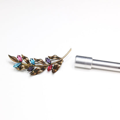 Symmetalic Sterling & 14K Gold Brooch, Rhinestone Accents, 1940s Vintage Jewelry