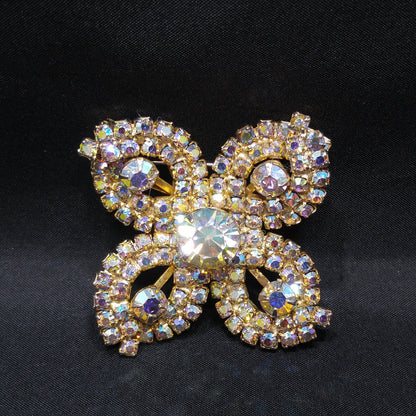Aurora Borealis Flower Brooch, Gold Plated, 1960s Vintage Jewelry