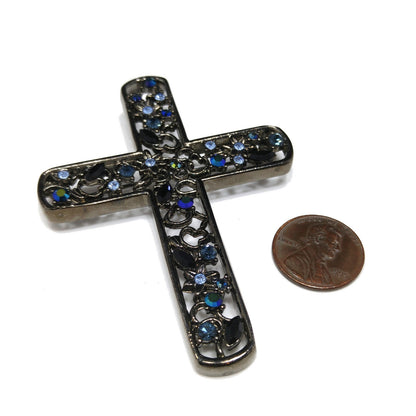 Givenchy Large Cross Brooch, Aurora Borealis Blue Rhinestones, 1990s Vintage Jewelry