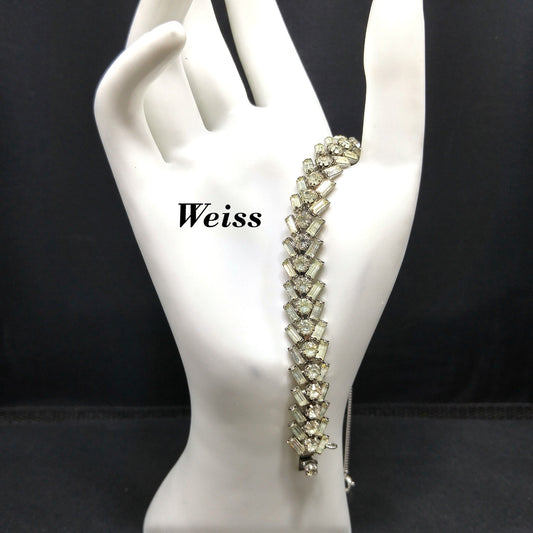 Weiss Clear Rhinestone Bracelet, Rhodium Plating, Safety Chain, 1940s Weiss
