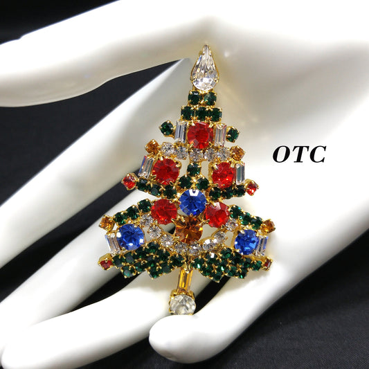 OTC Rhinestone Christmas Tree Brooch, Gold Plated, 1960s Vintage Holiday Jewelry