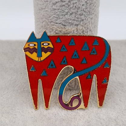 Laurel Burch "Miyo" Red Cat Brooch, Cloisonne Enamel, Gold Plated, 1980s Vintage Jewelry