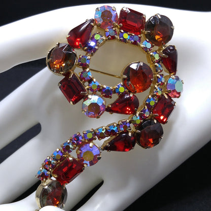 Red Aurora Borealis Rhinestone Question Mark Brooch, Gold Plated, 1960s Vintage Jewelry