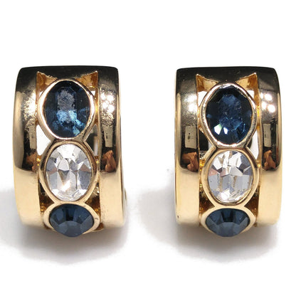Vintage S.A.L. Swarovski Blue & Clear Rhinestone Clip Earring Hoops