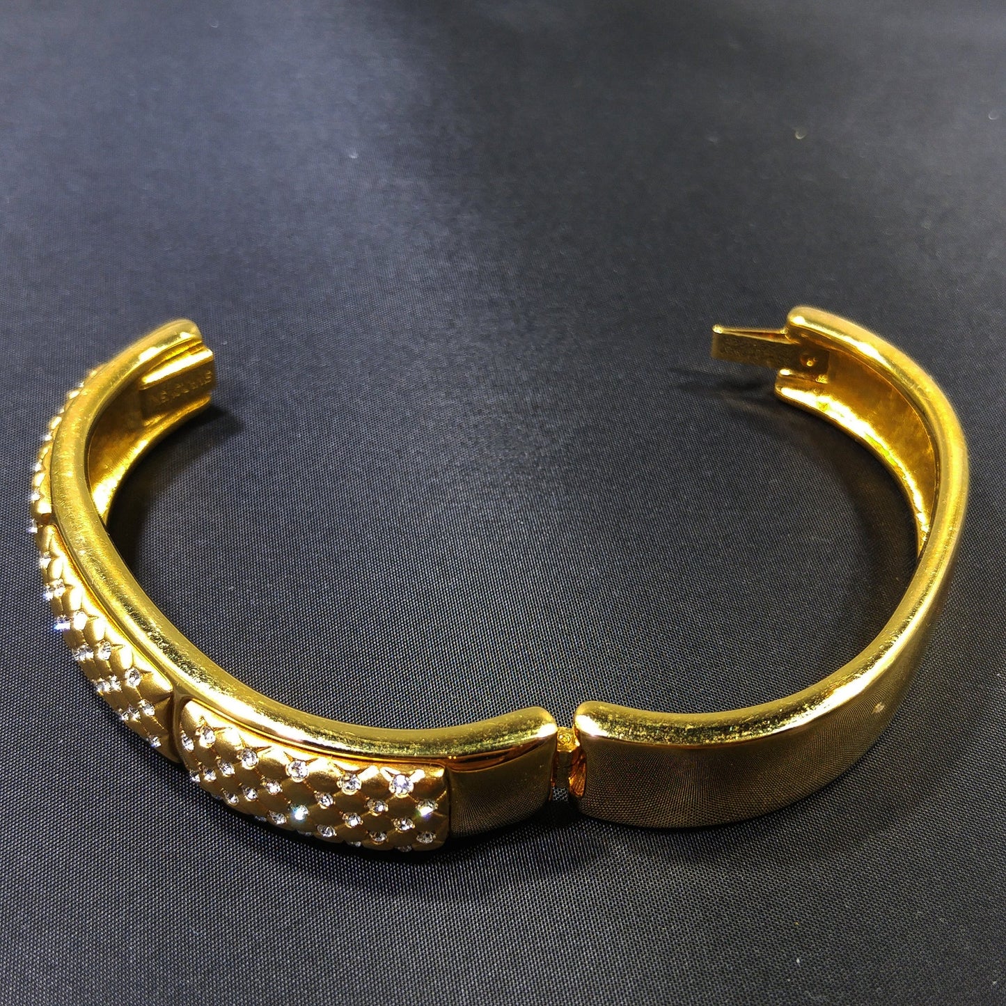 Vintage Swarovski Gold Plated Hinged Cuff Bracelet Clear Rhinestones Swan Logo