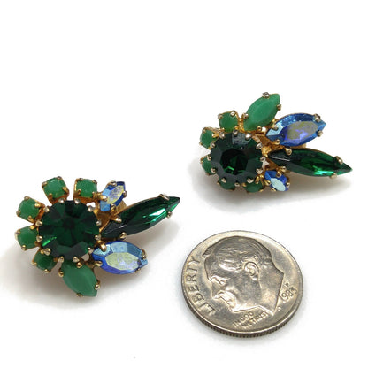 Sherman Green & Blue Rhinestone Earrings, Gold Plated, 1960s Vintage Jewelry