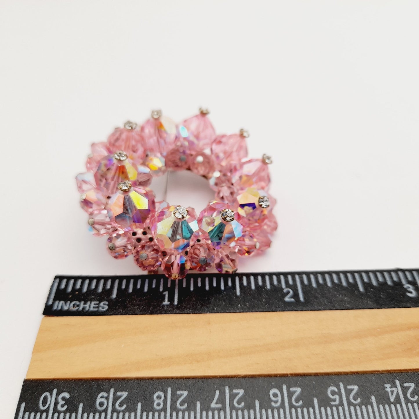Vintage 1960s Pink Crystal Beaded Brooch Rhinestone Head Pin Accents