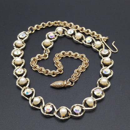 Mid-Century Faux Pearl AB Rhinestone Necklace, Aurora Borealis, 1960s Vintage Jewelry