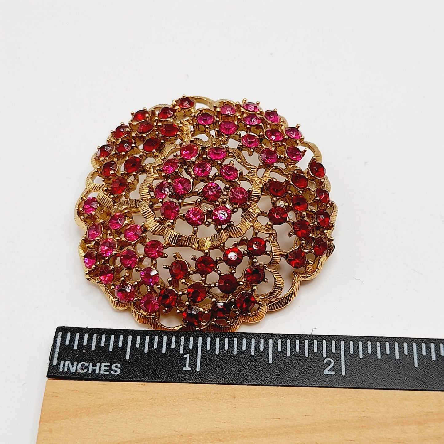 Vintage WEISS Red & Pink Rhinestone Gold Tone Flower Brooch 2 Inch