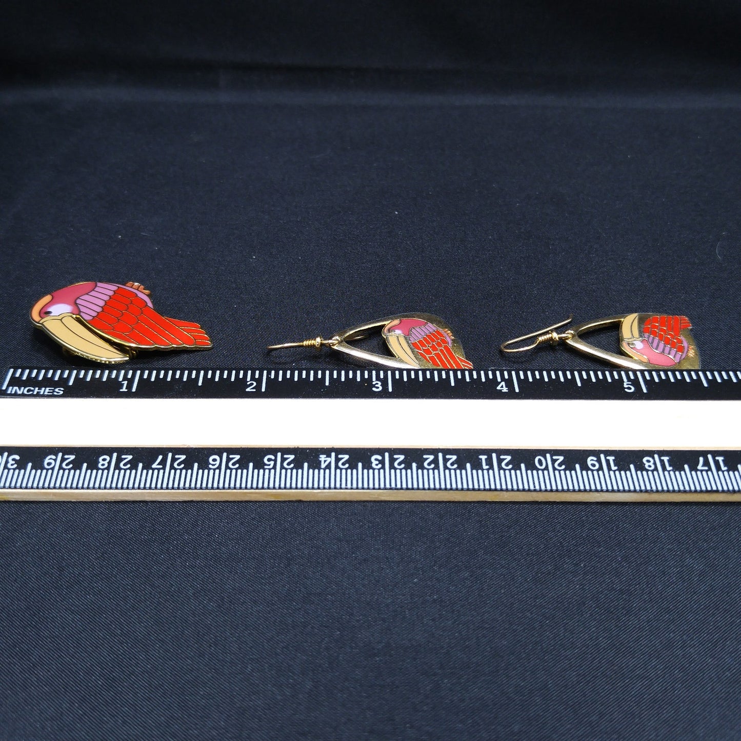 Vintage Laurel Burch Red Toucan Brooch Pendant & Earrings, Gold Plated, 1980s