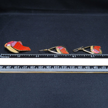 Vintage Laurel Burch Red Toucan Brooch Pendant & Earrings, Gold Plated, 1980s