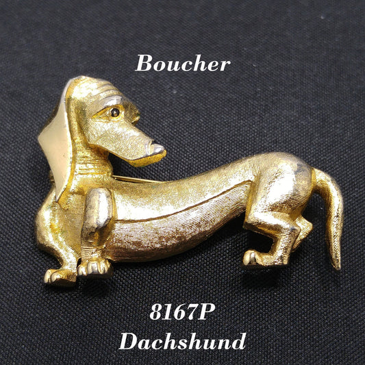 Boucher Dachshund Dog Brooch, Number 8167P, 1960s Vintage Jewelry
