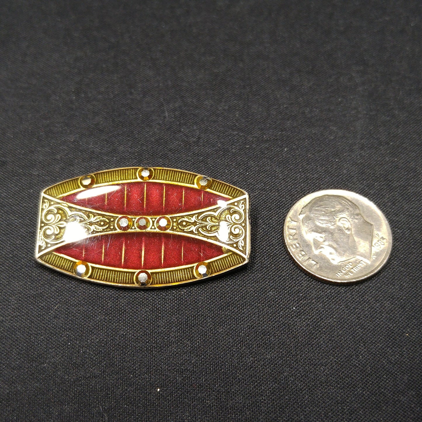 Catherine Popesco Red Enamel Art Deco Brooch, Rhinestones Under Enamel, France, 1980s Vintage Jewelry
