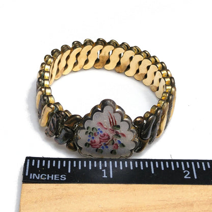 La Mode 1920s Guilloche Enamel Heart Locket Expansion Bracelet 12K GF Antique