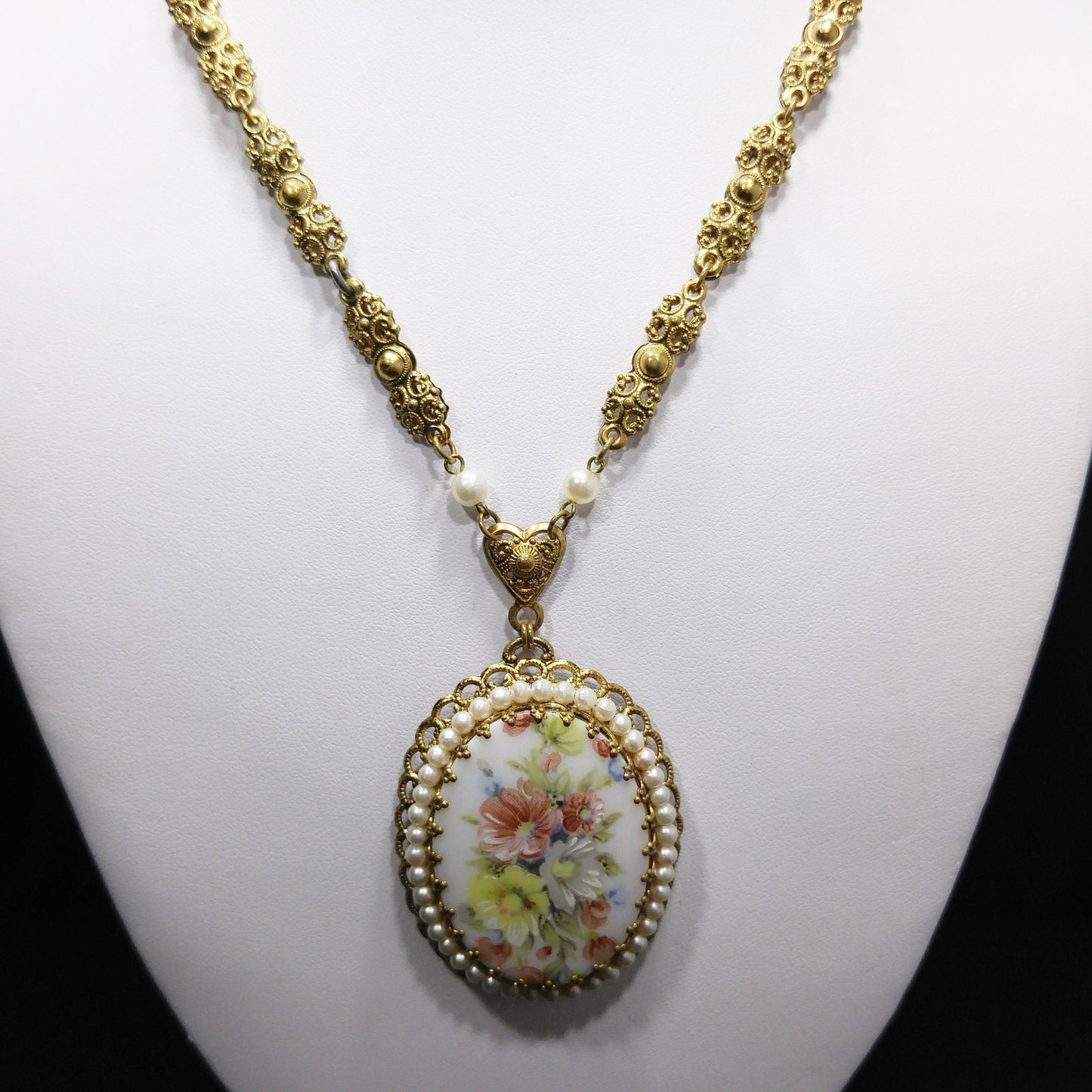 West Germany Floral Ceramic Pendant Necklace, Faux Pearls, 1960s Vintage Jewelry