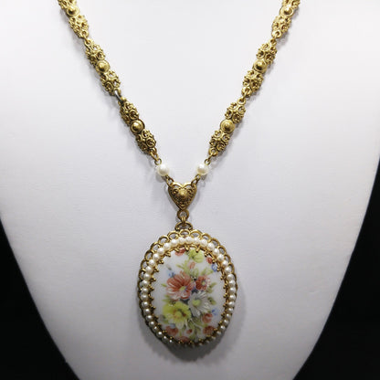 West Germany Floral Ceramic Pendant Necklace, Faux Pearls, 1960s Vintage Jewelry