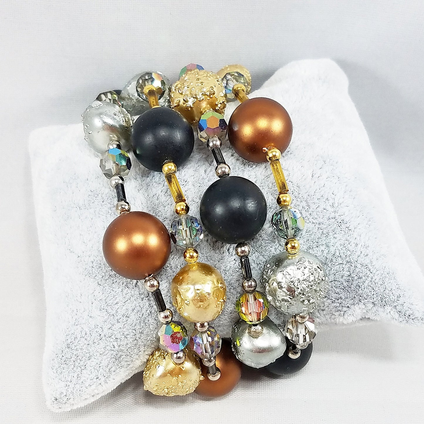 Vintage Vendome 4-Strand Beaded Bracelet Crystals Satin Glass Gold Clasp 7.5"