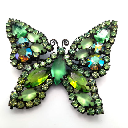 Vintage Weiss Butterfly Brooch, Green Aurora Borealis Rhinestones, Japanned Finish, 1950s Jewelry