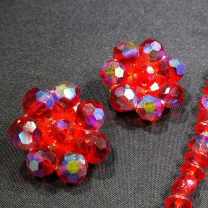Czech Red Glass Beaded Necklace & Earrings, Fire Polished Red Beads, 1950s Vintage Jewelry