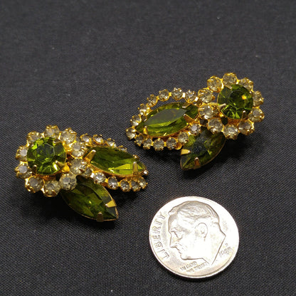 Weiss Green Clear Rhinestone Earrings, Gold Plated, 1960s Vintage Jewelry