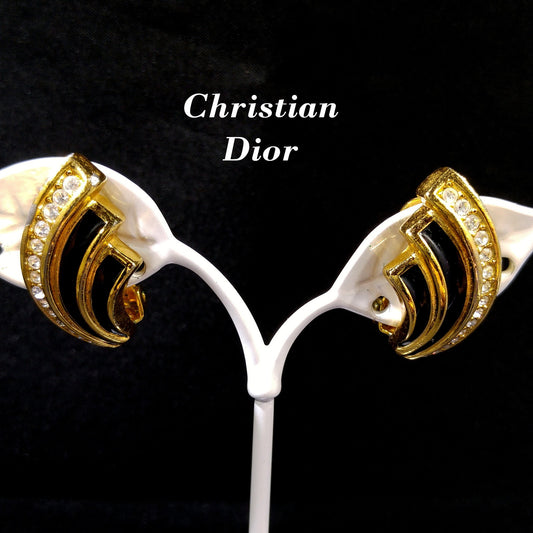 Christian Dior Black Enamel Earrings, Gold Plated, Pave Rhinestones, 1980s Vintage Jewelry
