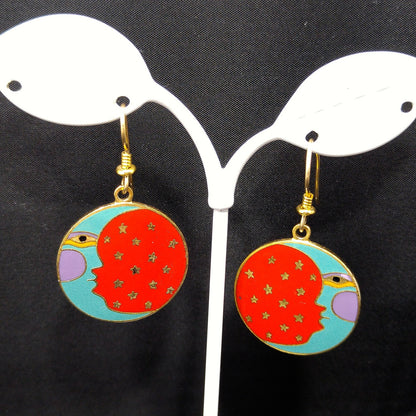Vintage Laurel Burch "Moonface" Earrings, Moon Sky Stars Celestial, 1980s Vintage Jewelry