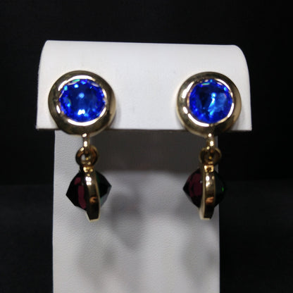 Swarovski Gold Plated Drop Earrings, Blue Green Purple Crystals, Vintage 1990s Swan Logo