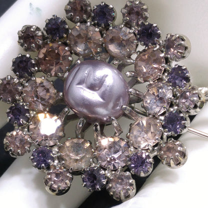 Lilac Purple Rhinestone Flower, Faux Baroque Pearl, Green Enamel Pin, 1950 Vintage Jewelry