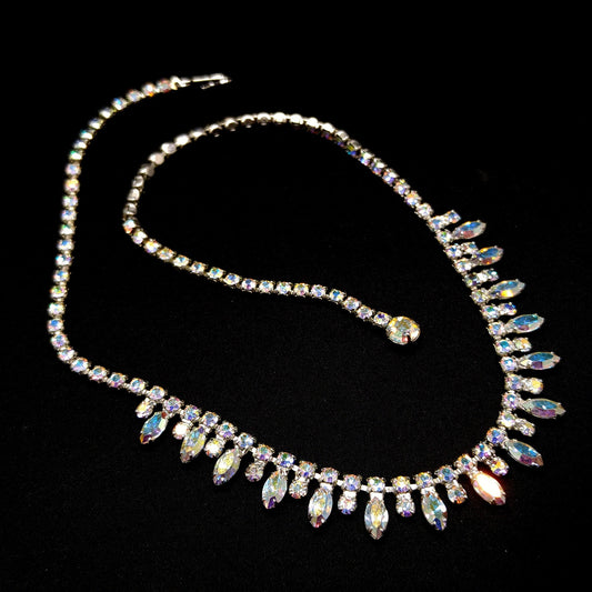 B. David Aurora Borealis Rhinestone Necklace, Rhodium Plated, 1960s Vintage