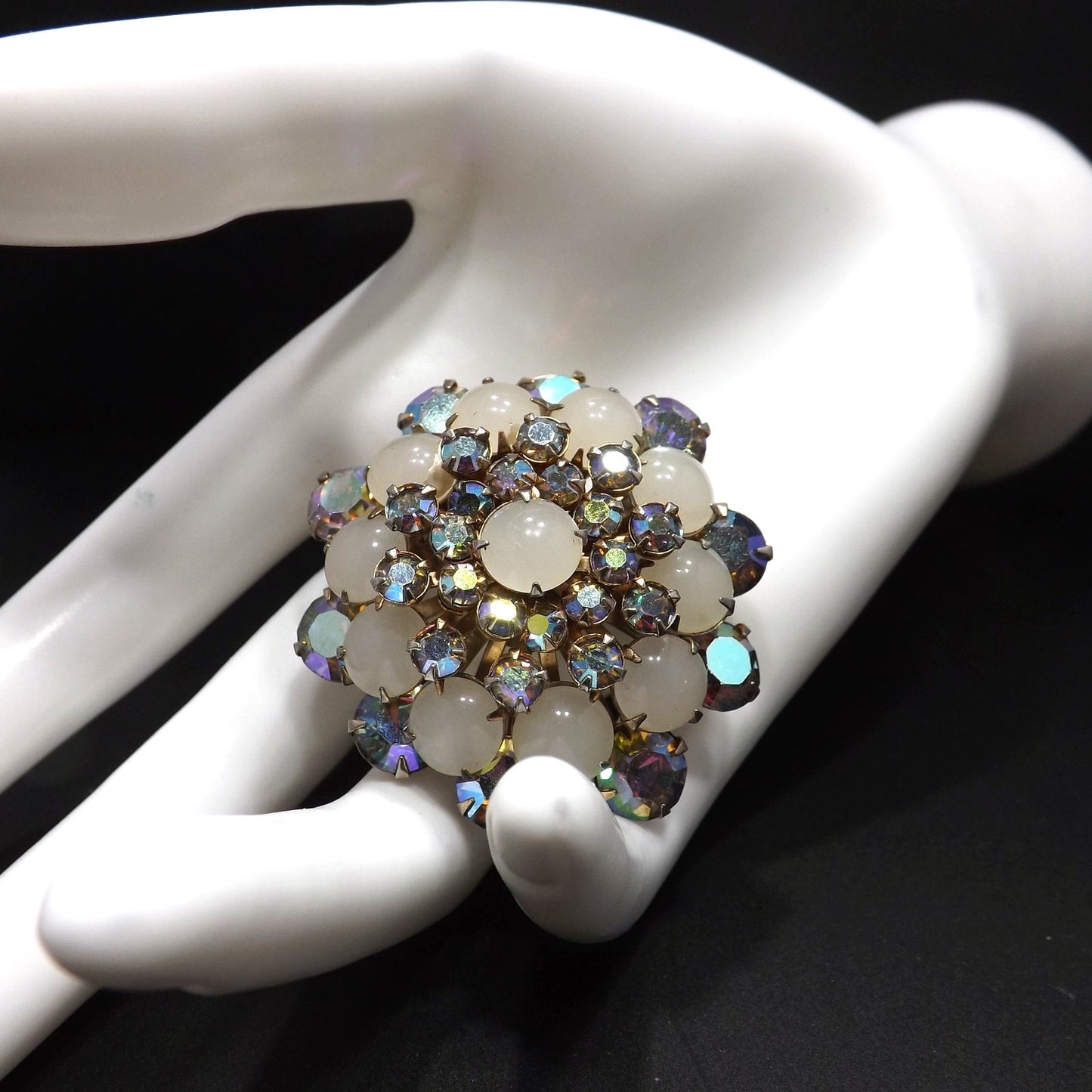 Aurora Borealis Domed Floral Brooch, Riveted Construction, 1950s Vintage Jewelry