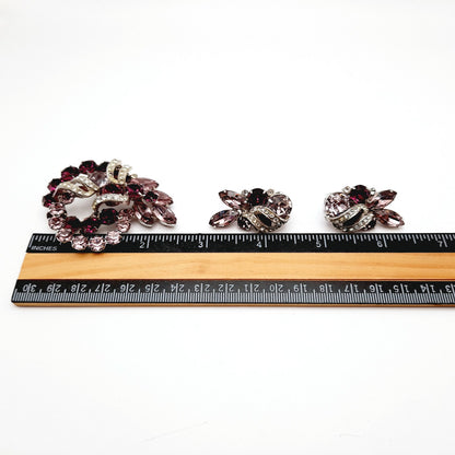 Vintage Eisenberg Purple Rhinestone Rhodium Plated Jewelry Set: Brooch Earrings