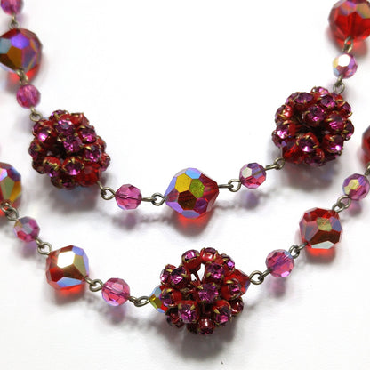 Vendome Red Crystal Necklace, Rhinestone Clusters, Two Strands, 1950s Vintage