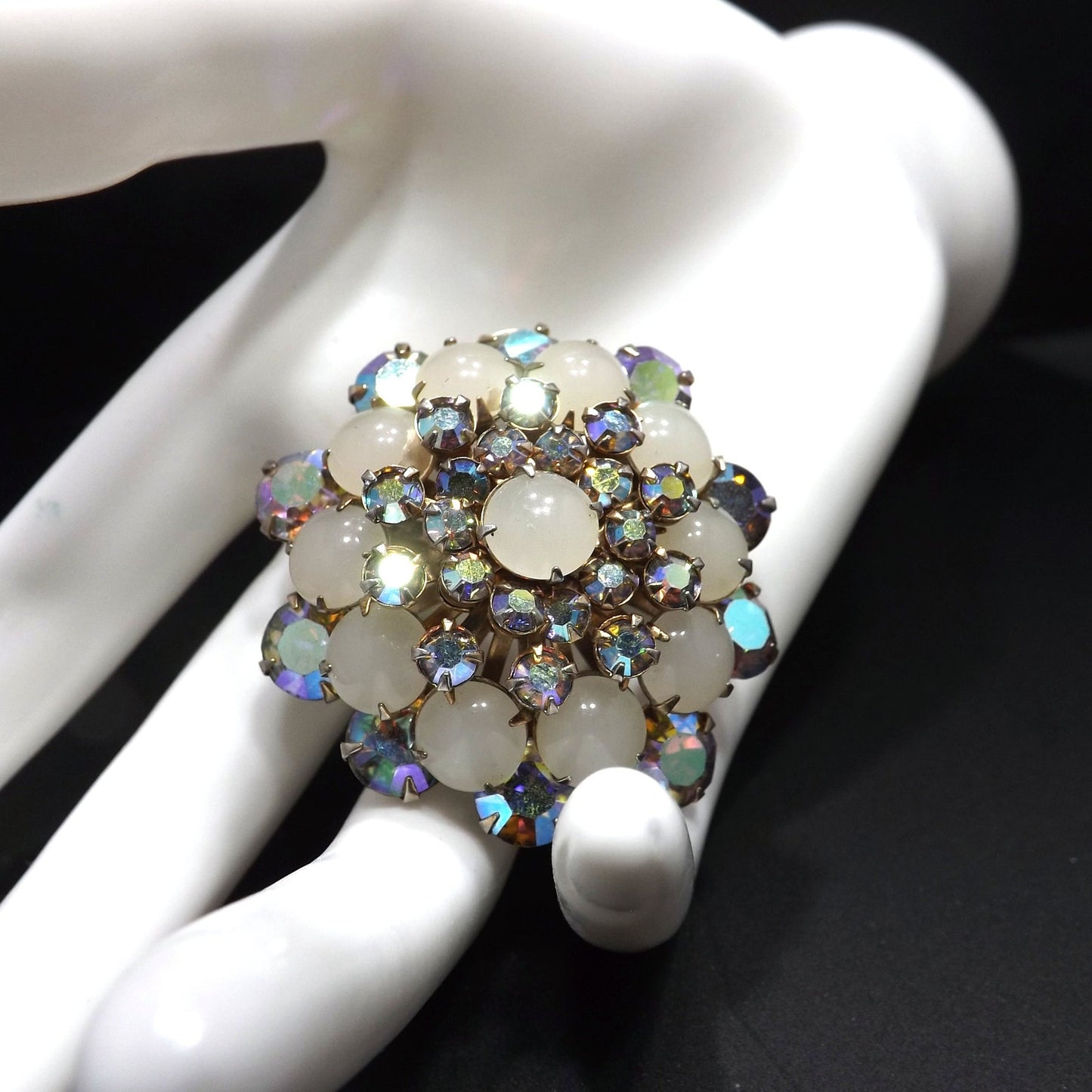 Aurora Borealis Domed Floral Brooch, Riveted Construction, 1950s Vintage Jewelry