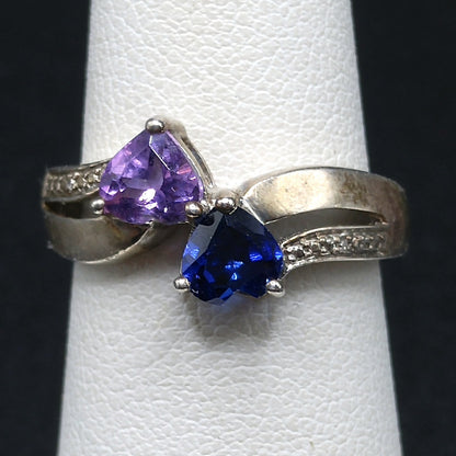 Sterling Silver Heart Ring with Blue Topaz & Amethyst, Size 5.5, 1980s–1990s