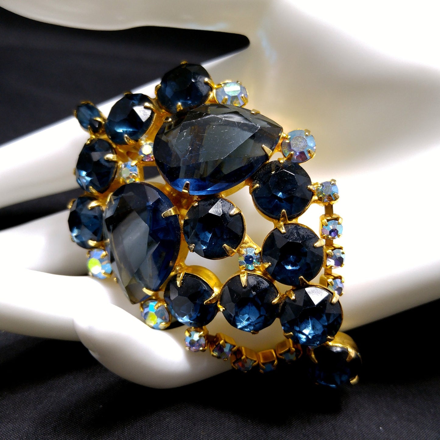 Large Blue Rhinestone Brooch & Pendant, Gold Plated, 1960s Vintage Jewelry