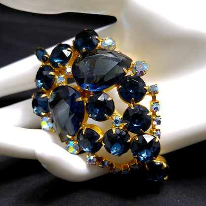 Large Blue Rhinestone Brooch & Pendant, Gold Plated, 1960s Vintage Jewelry