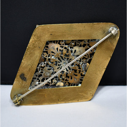 Vintage Brass Sash Pin, Green Marbled Cabochon, Early 1900s Vintage Jewelry