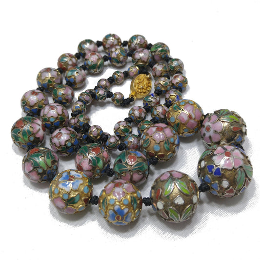 Vintage Cloisonne Beaded Necklace, Hand Knotted, Hand Painted Floral Beads, 1960