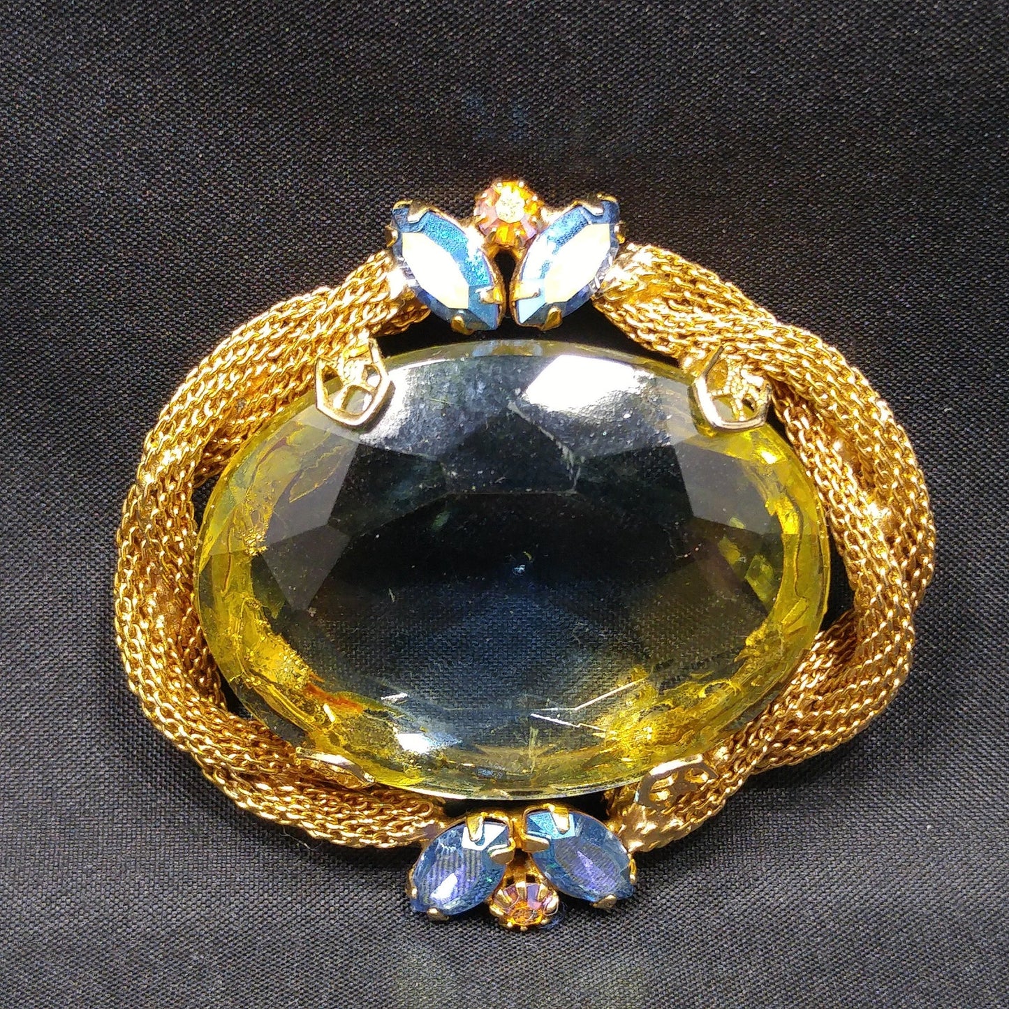 Large Glass Mesh Frame Brooch & Pendant, Gold Plated, 1960s Vintage Jewelry