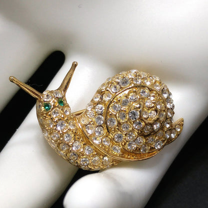Bijoux Cascio Snail Small Brooch, Pave Clear Rhinestones, Green Eyes, 1970s Vintage Jewelry