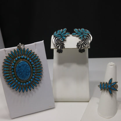 Vintage Southwestern Faux Turquoise Jewelry Set Pendant Ring Earrings 1970s