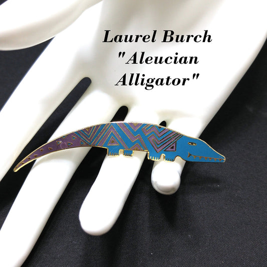 Laurel Burch "Aleucian Alligator" Brooch, Gold Plated Cloisonné Enamel, 1980s Vintage Jewelry