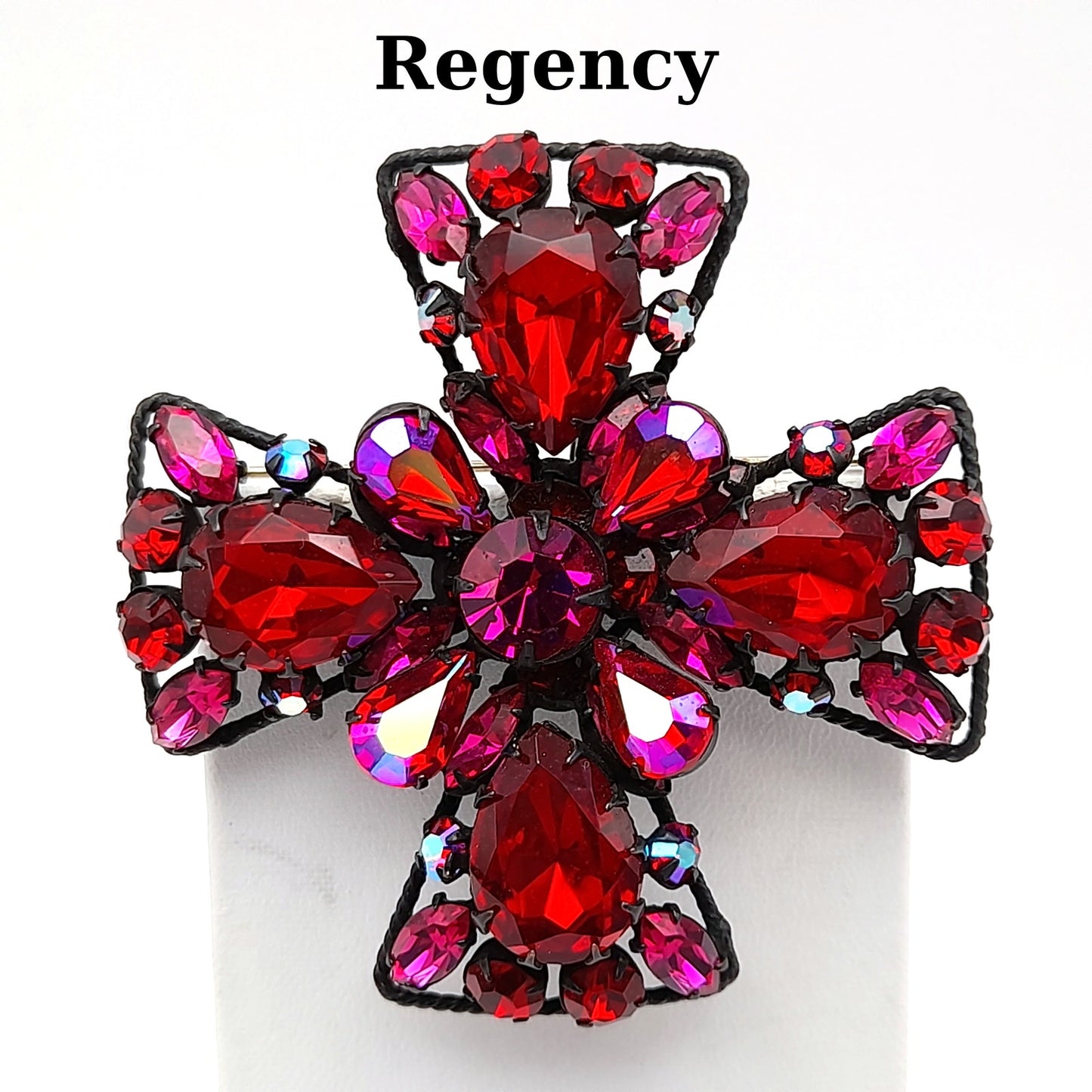 Signed Regency Red Pink Japanned Rhinestone Maltese Cross Brooch