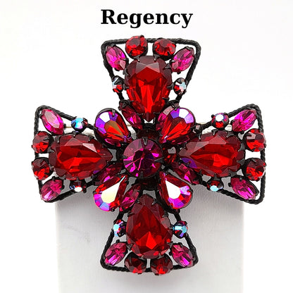 Signed Regency Red Pink Japanned Rhinestone Maltese Cross Brooch