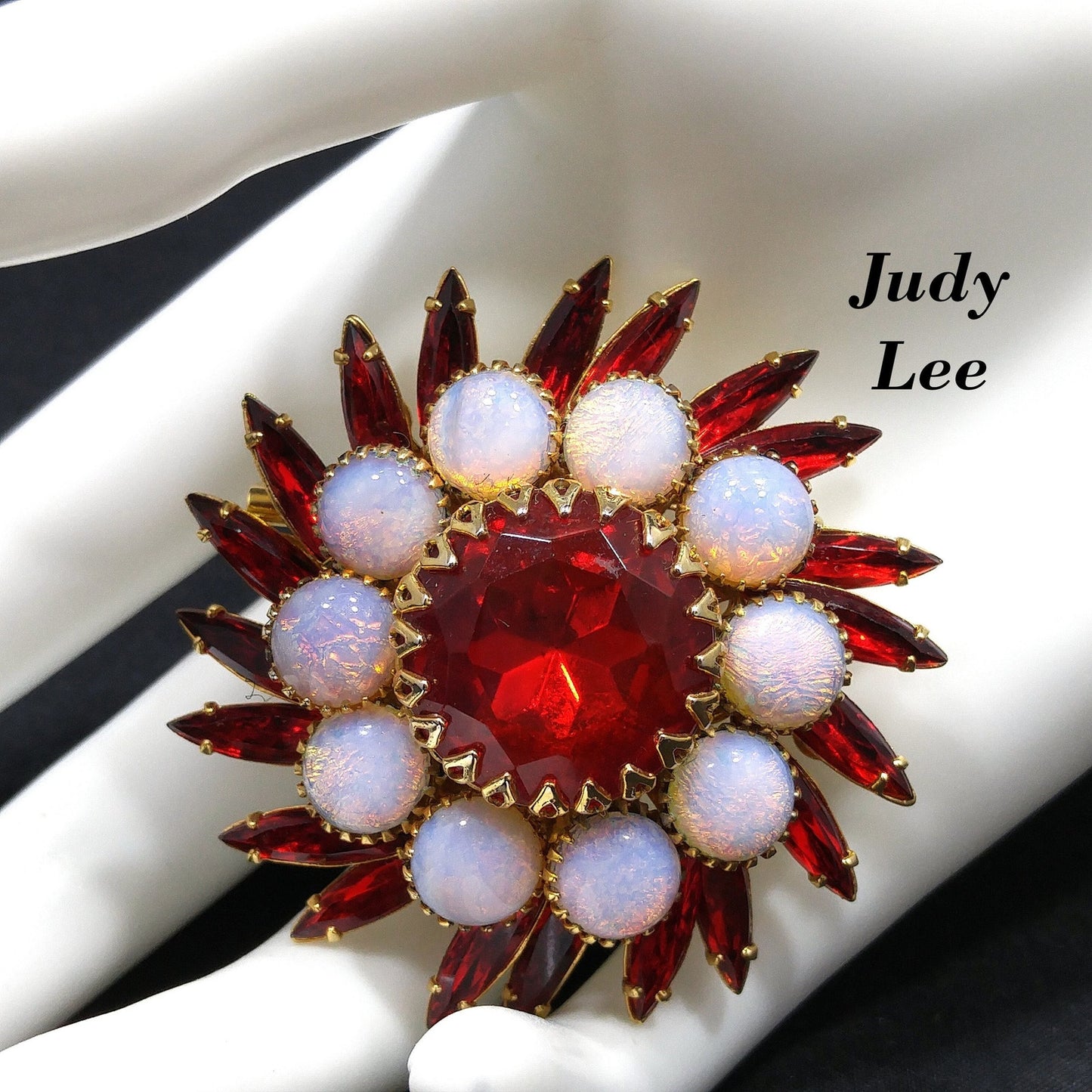 Vintage Judy Lee Faux Fire Opal Red Rhinestone Brooch, Gold Plated, 1960s