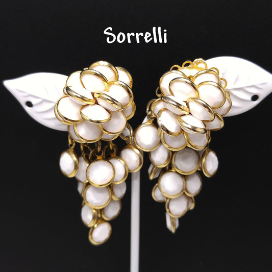 Vintage Sorrelli White Crystal Cluster Clip Earrings 1990s Gold Tone Signed