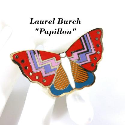 Laurel Burch Butterfly "Papillon" Brooch, Gold Plated Cloisonne Enamel, 1980s Vintage Jewelry
