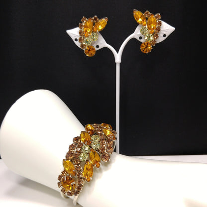 Rhinestone Hinged Bracelet & Earrings, Light Topaz Jonquil, 1960s Vintage Jewelry