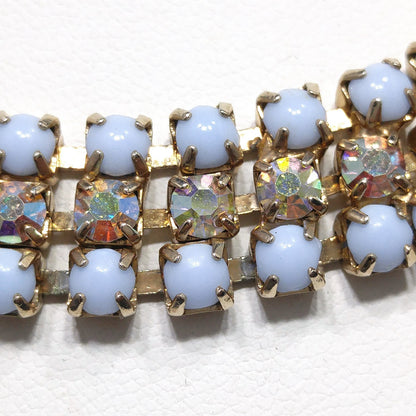 Aurora Borealis Rhinestone Necklace Earrings Set, Light Blue Cabochons, Mid Century, 1960s Vintage Jewelry